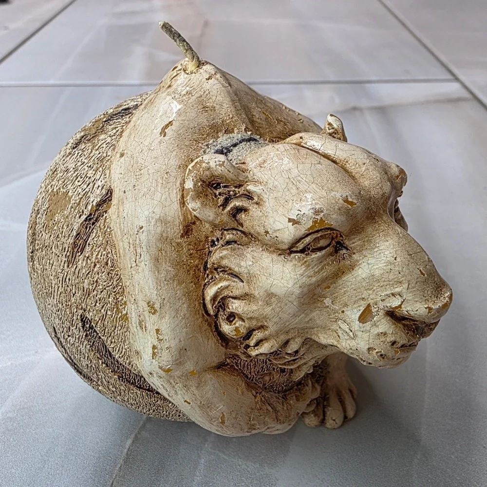 Vintage Sculpted Tiger Head Sphere Candle Cream Tan Textured Safari Decor P4‎